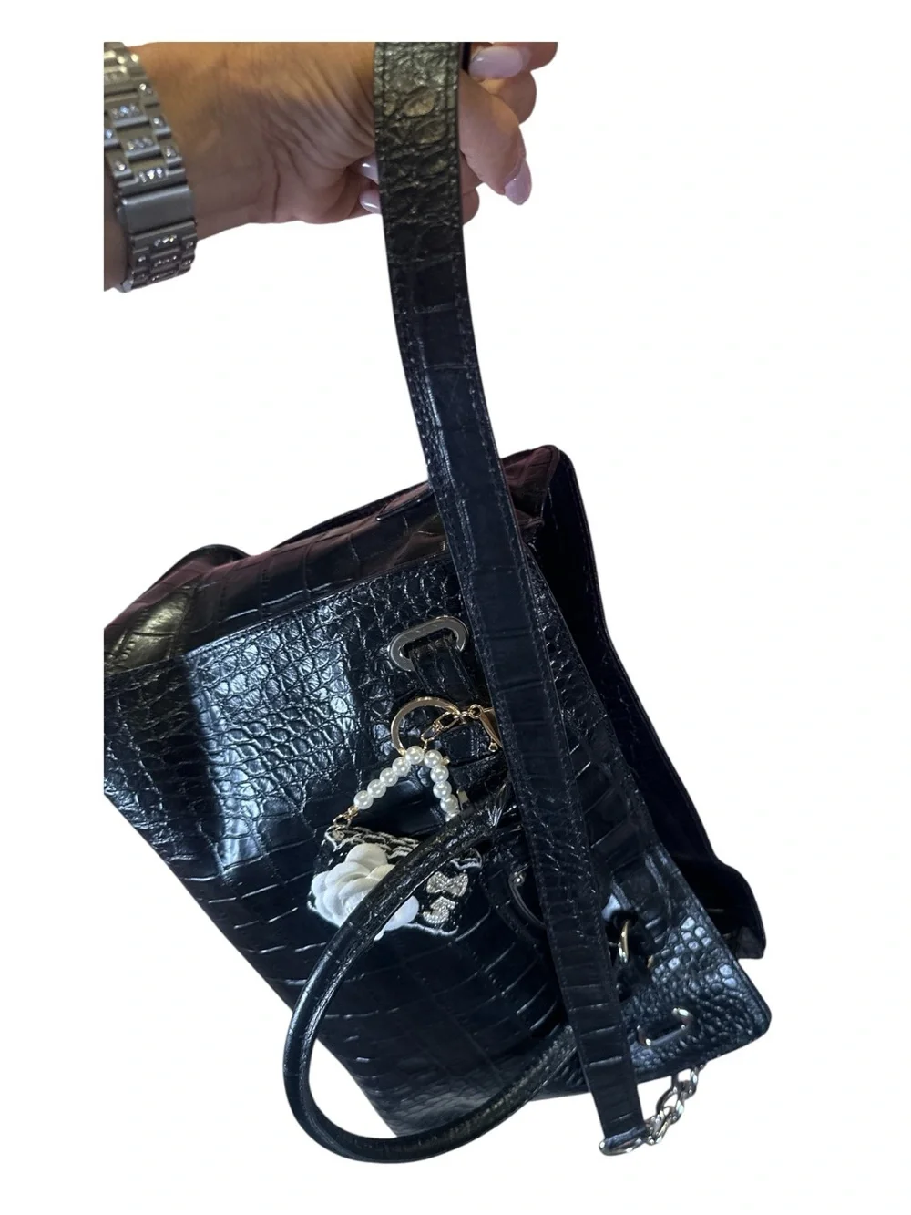MICHAEL Michael Kors Hamilton Black Croc-Embossed Leather Satchel Shoulder Bag